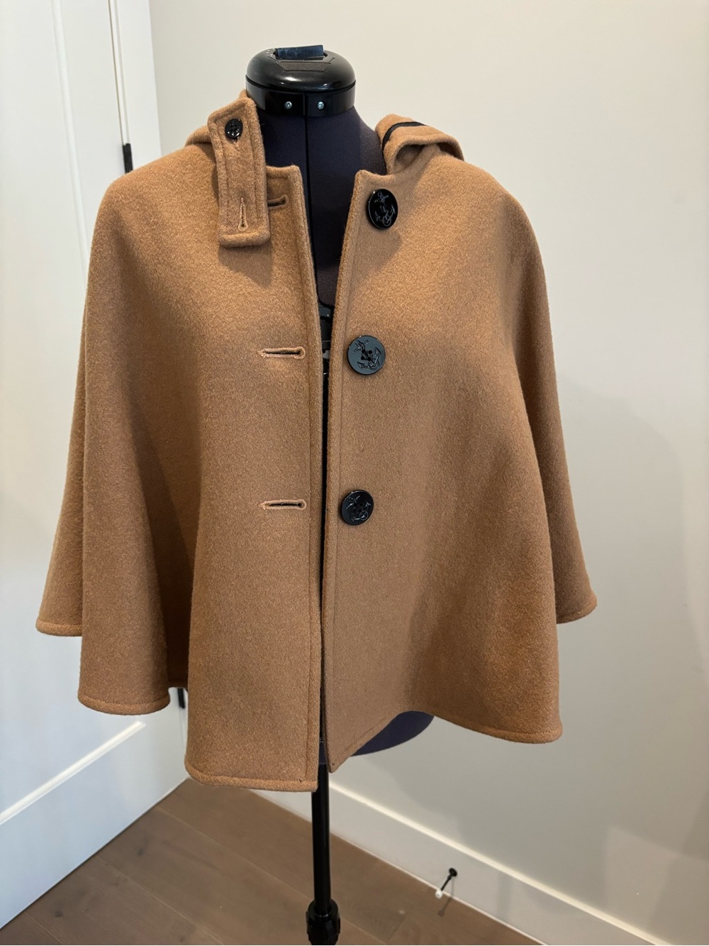 Fidelity Camel Hooded Wool Cape with Button Front